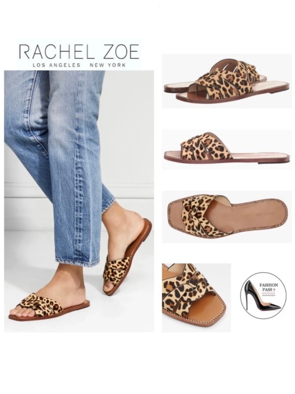 Rachel Zoe Farrow Cross Front Leopard Slides Sandals animal print mules flat 6.5